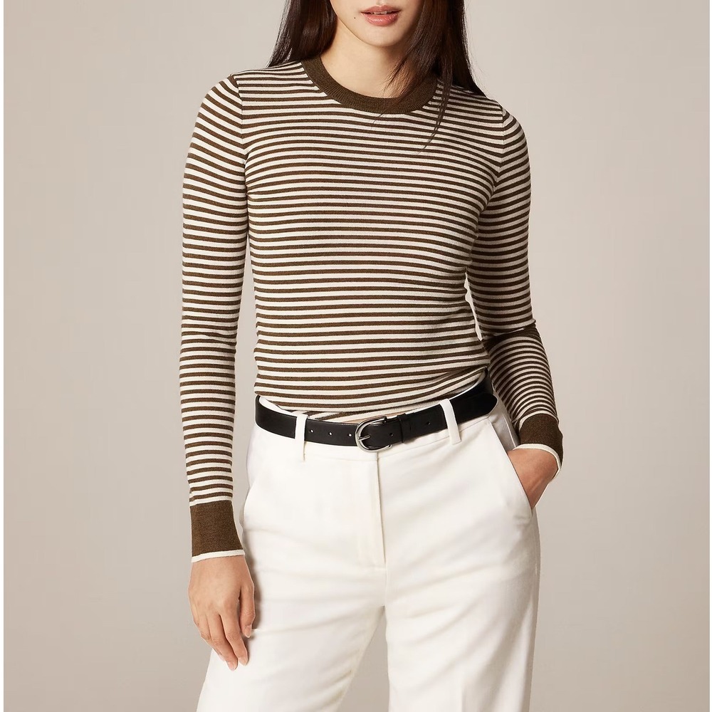 J.Crew Carolyn Fitted Crewneck Sweater Women XS Ivory Elm Striped Merino Wool